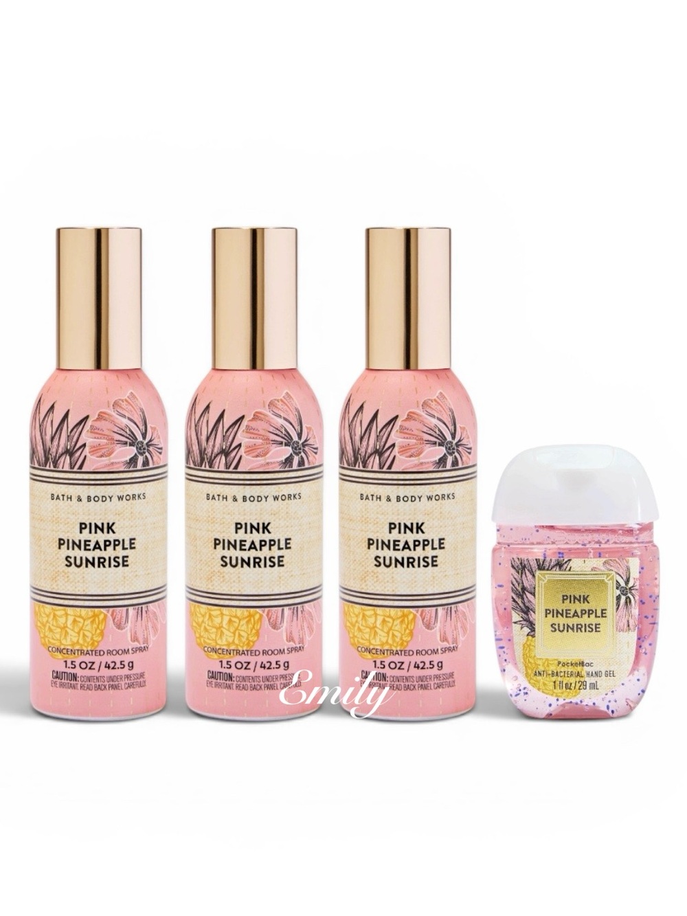 3X Bath & Body Works PINK PINEAPPLE SUNRISE Room Spray + PocketBac Bundle